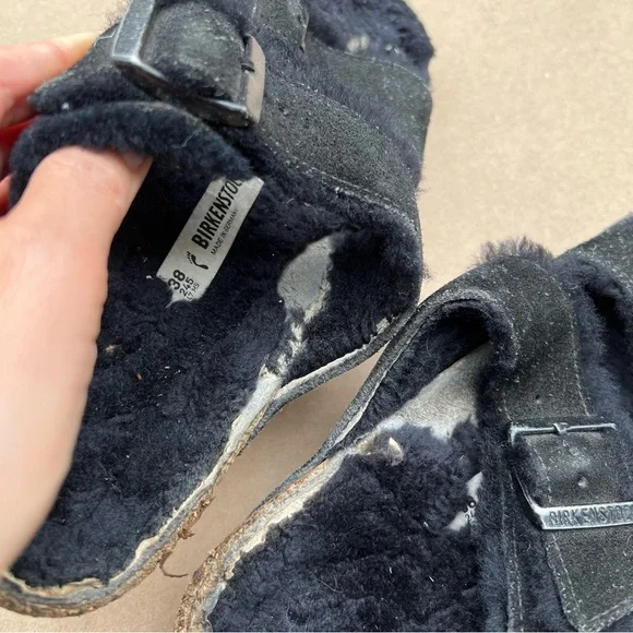 Birkenstock Arizona Shearling Black Suede Sandals Size 7 Fur Lined Cozy - Picture 10 of 16